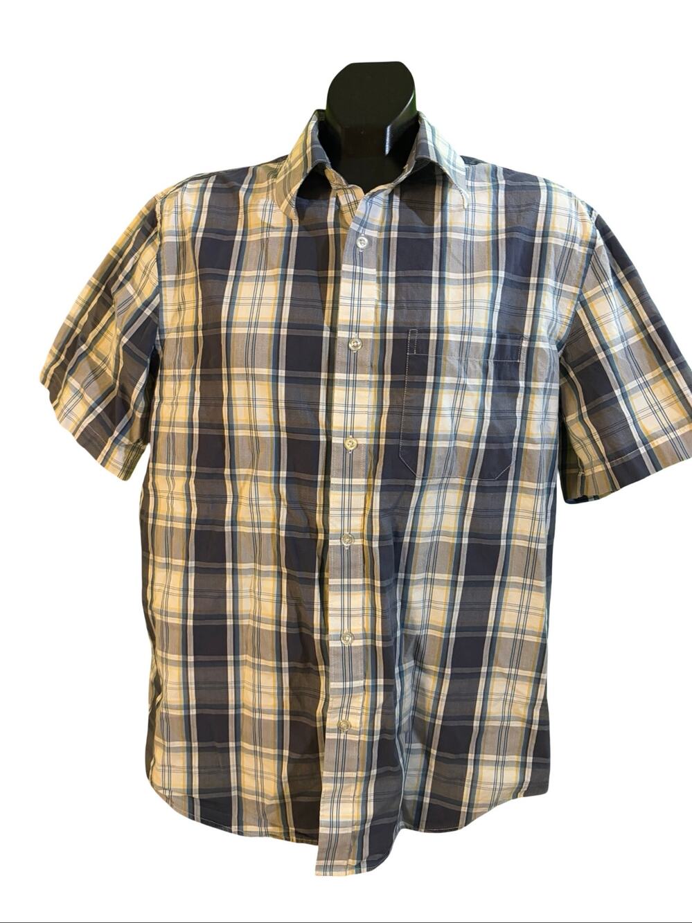junction WEST Plaid Short Sleeve Button-Up Shirt Men's M Blue White Yellow